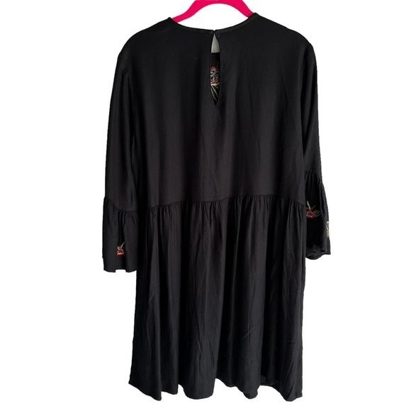 ZARA Basic Collection Black Floral Embroidered Flared Sleeve Boho Ladies Dress,L - Picture 2 of 8